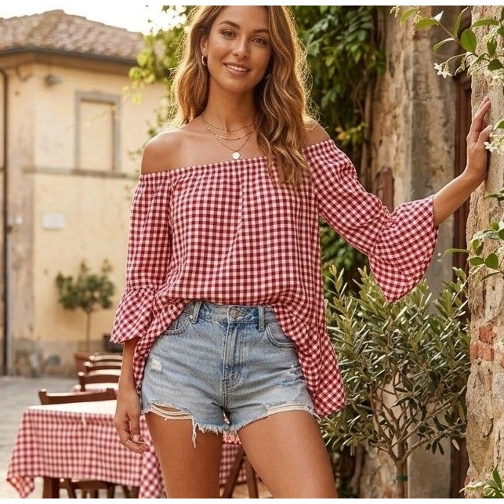 BeachLunchLounge Red White Gingham Check Off Shoulder Top Ruffle Sleeve Size XS